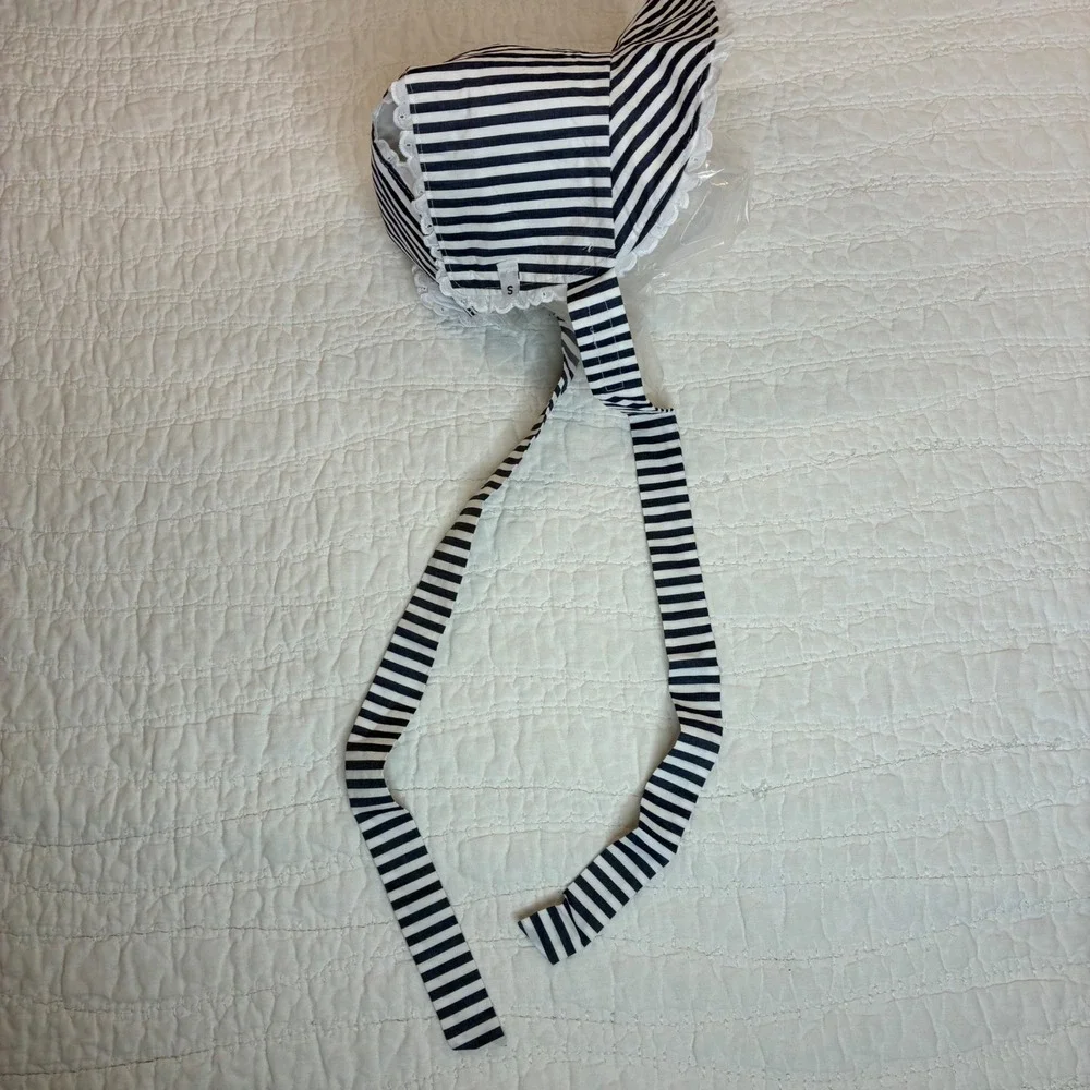 The Beaufort Bonnet Co Navy White Stripe Eyelet Trim Bonnet Small Adjustable